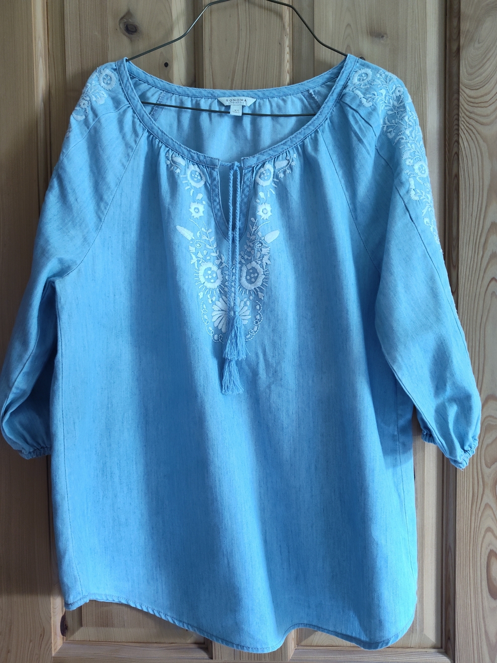NWOT Sonoma Light Blue Embroidered Peasant Top - Soft Breeze, Size XS